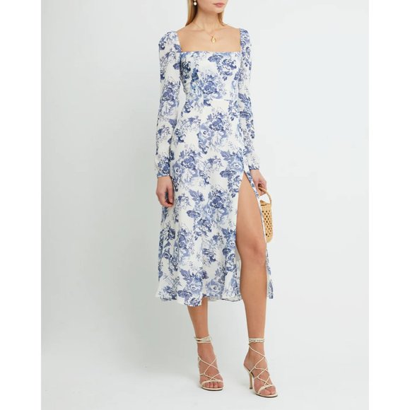 Blue Floral Toile Dress w/High Slit by manu Reformation Sigmund Olympia Midi 6 M - Picture 1 of 6